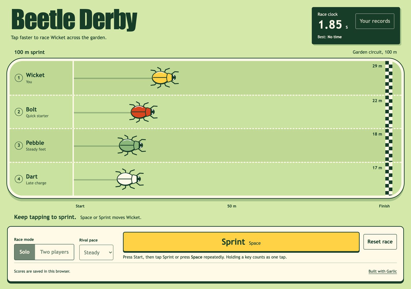 Beetle Derby’s green garden circuit during a race, with four illustrated beetles, a corner scoreboard and yellow sprint controls in the bottom dock.