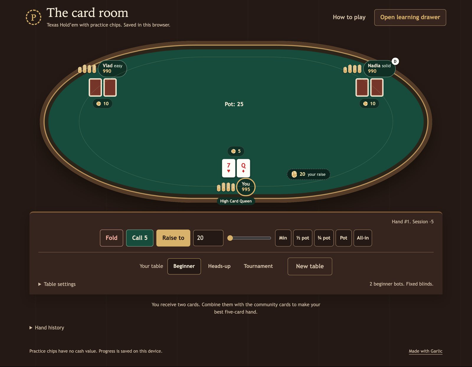A dark mahogany poker room with a green baize table, dealt cards, brass chips and a bottom betting rail against computer opponents.