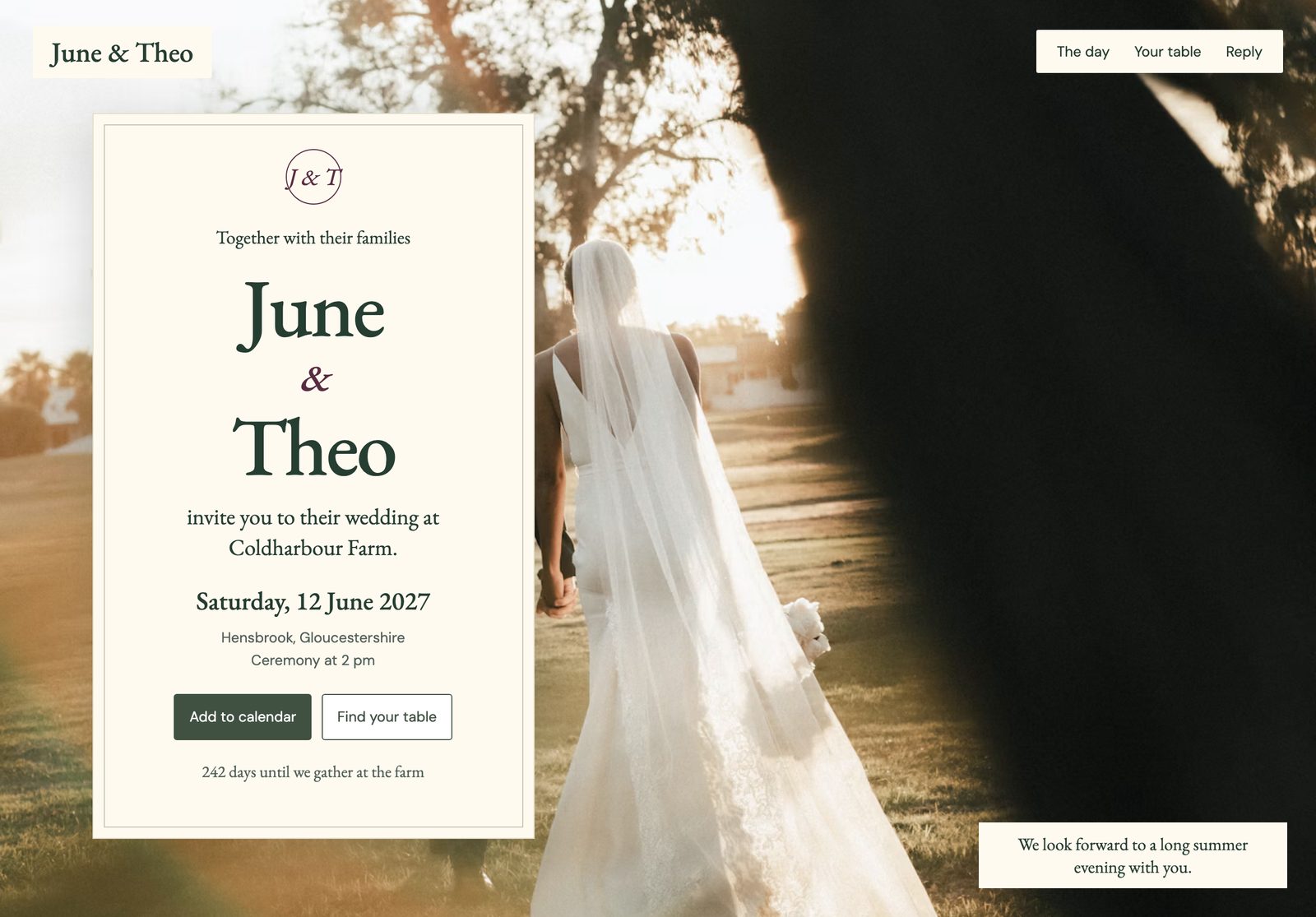June and Theo’s inset ivory invitation over a wedding photograph, with an olive calendar button and a table finder link.