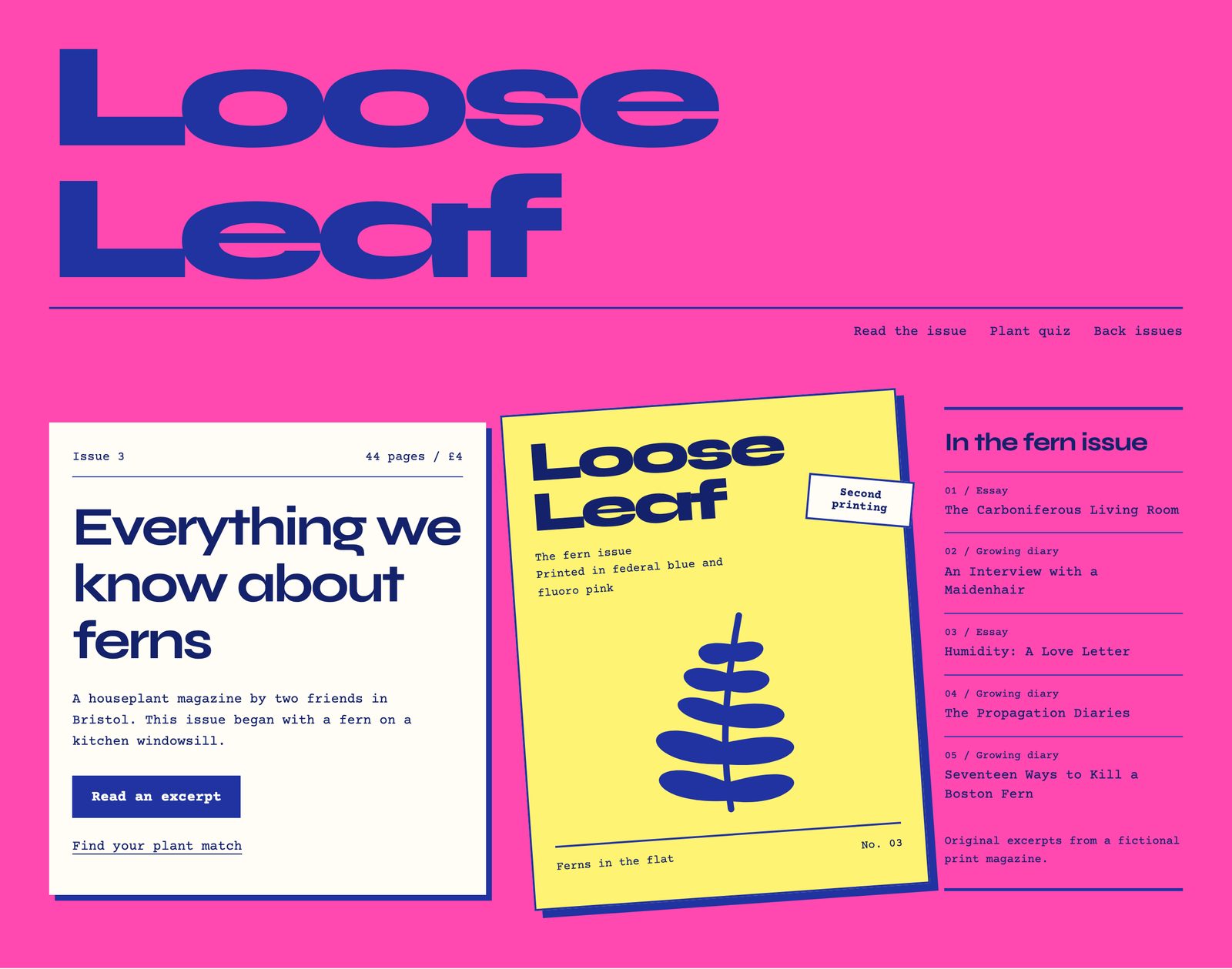 Loose Leaf’s pink risograph spread with a large blue masthead, an offset yellow fern cover, an excerpt button and issue contents.